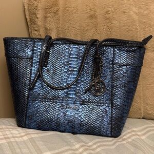 GUESS Metallic Blue Snake-Embossed Tote with Charm